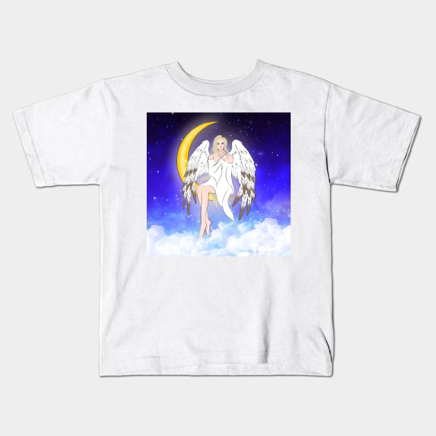 Crescent Moon Angel w Background Kids T-Shirt by RavenRarities